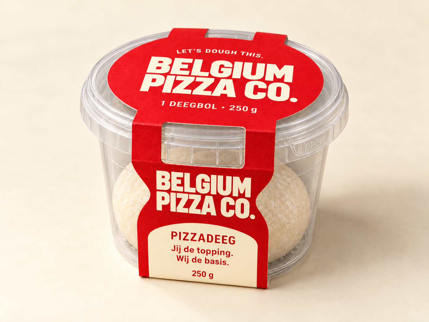 250 g pizzadeeg in een pot met rode sleeve, verpakkingsconcept